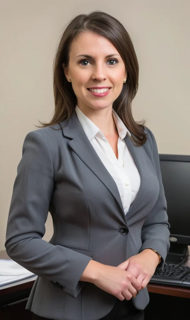 Virtual marketing assistant in a grey blazer